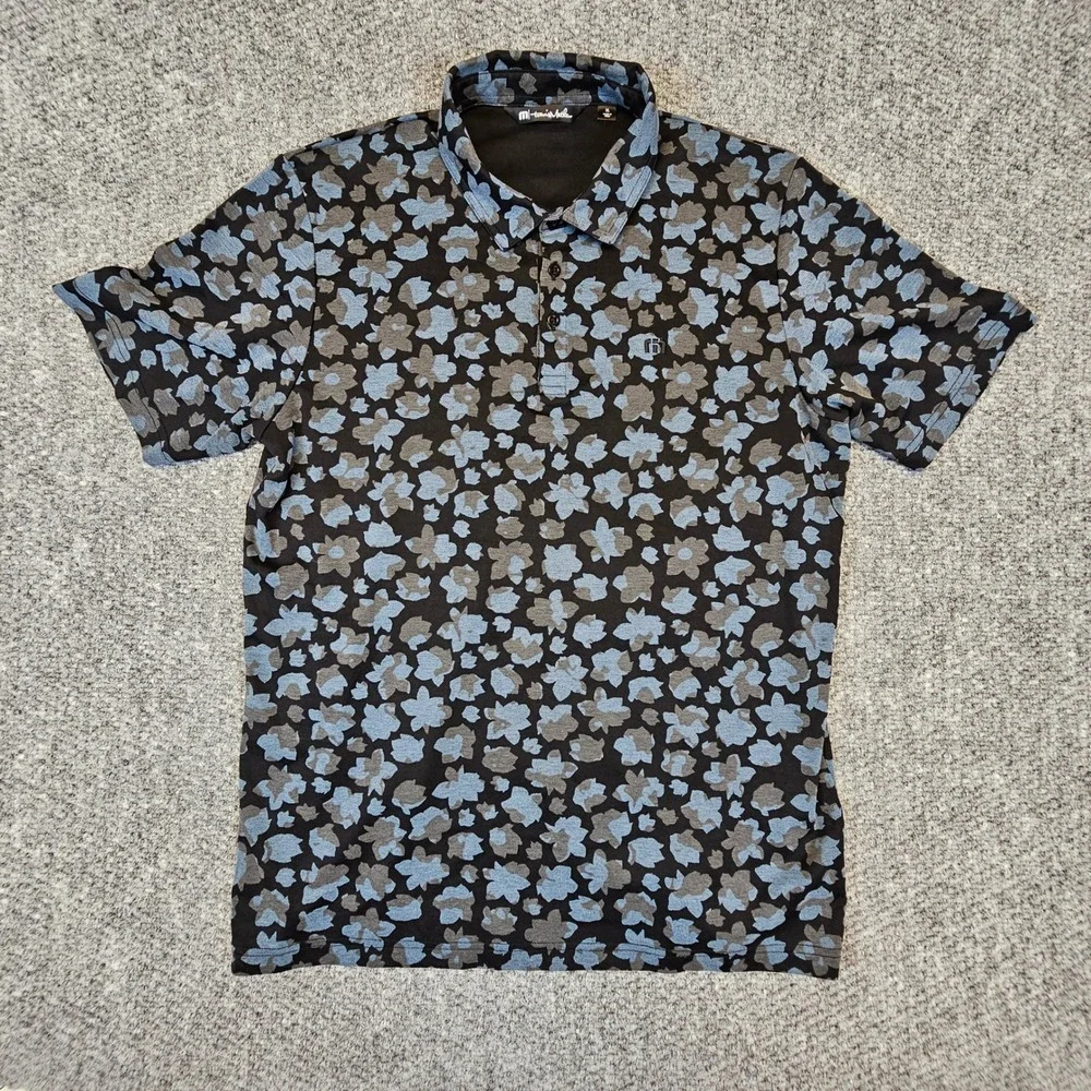 TravisMathew Mens XL Blue Floral Polo‎ Shirt Short Sleeve Golf Casual Black XL - Picture 2 of 8